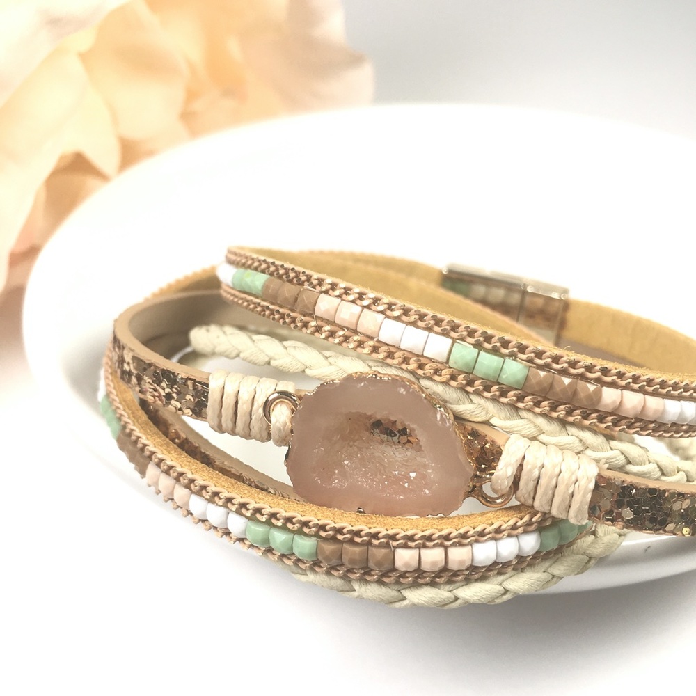 Bohemian Quartz Leather Wrap Bangle Bracelet - Picture 9 of 9